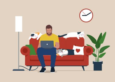 Kanepede oturan dizüstü bilgisayarı olan bir adam. Serbest çalışmak ya da konsept çalışmak. Düz stil ile sevimli illüstrasyon.