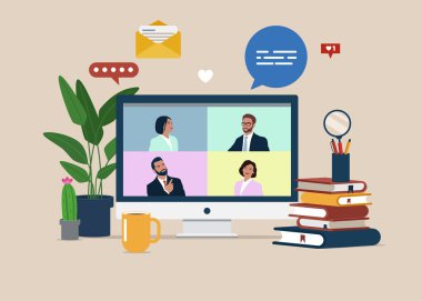 Grup aracılığıyla online görüşme. Video konferansı yapan bir grup insanla bilgisayar.