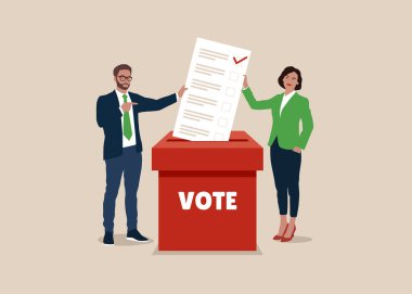 Man and woman putting paper ballots to election box. Voters casting ballots at the polling place. Vector flat illustration.