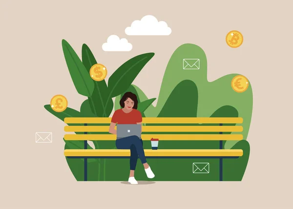 Woman Working Laptop Park Illustration Freelancing Remote Work Business Freelance — Archivo Imágenes Vectoriales