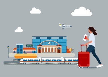 Young woman  walking near the railway station with a suitcase, rear view, young girl with a  red suitcase.