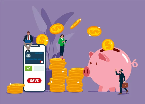 Savings Account Smartphone Application Sending Money Piggy Bank Small People — Stok Vektör
