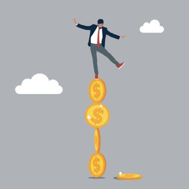 Investor falling from stack of unstable money coins. Unstable investment market, risky situation or economic recession, crisis or bankruptcy.