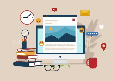 Blogging, a screen with picture and text on it. Vector illustration.