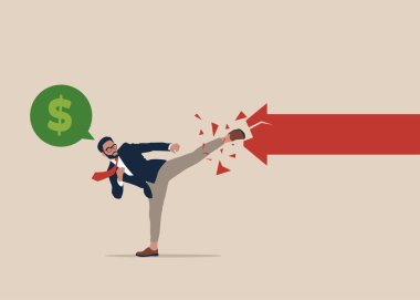 Karate işadamı kırmızı ok grafiğiyle dövüşüyor. Ekonomik durgunluk yüzünden. Hayatta kalmak için ayı pazarıyla savaş. Finansal likiditeyi korumak. 