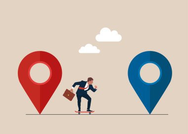 Kaykaylı bir iş adamı çabucak yeni işine başlar. İş teklifi. Dev yön bulma işaretleri, erkek başvuru sahibi yeni bir boşluğa taşınıyor. İstihdam, konsept afişi.