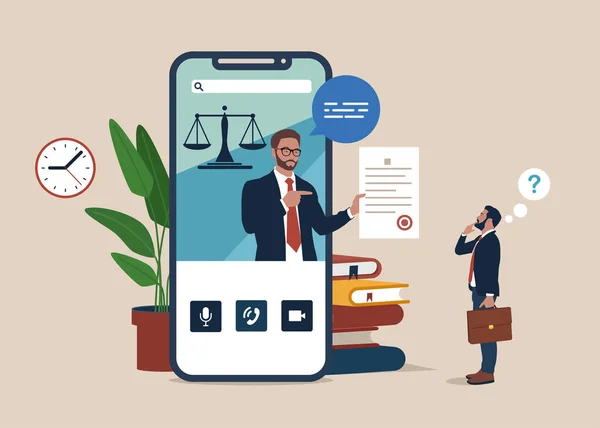 İşadamı avukata danışmak için akıllı telefon kullanıyor. Çevrimiçi hukuki tavsiye. Büyük akıllı telefon, adalet ve hukuk başvurusu.