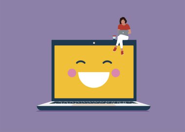 Happy female working with laptop on smiling screen laptop. Work happiness or job satisfaction, passion.