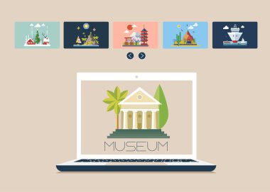 Online gallery. Virtual art gallery tours. VR technology. Vector illustration