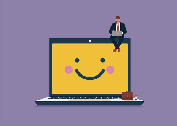 Boldog Üzletember Aki Laptoppal Dolgozik Mosolygó Képernyős Laptopon Munka Boldogság — Stock Vector
