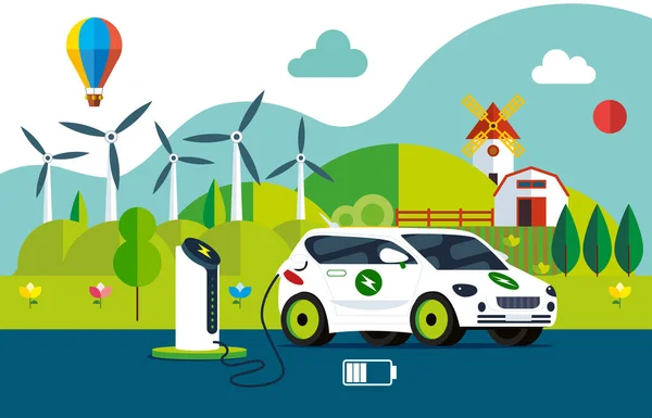 Electric Car Charging Its Battery Natural Landscape Ecology Sustainability Clean — Archivo Imágenes Vectoriales