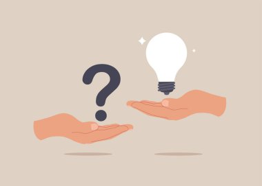 Male hand holding question mark with other reply with light bulb. Question and answer, solving problem.