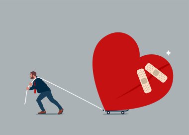Male walking with bandage repaired heart shape. Move on or forget and forgive, open for new relationship, heal heart broken or divorce and relationship problem.