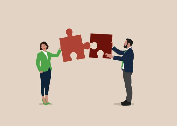 Businessman Woman Coworker Solve Jigsaw Puzzle Together Ollaboration Partnership Get — Vector de stock