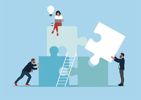 People Connecting Puzzle Elements Team Metaphor Teamwork Concept Vector Illustration —  Vetores de Stock