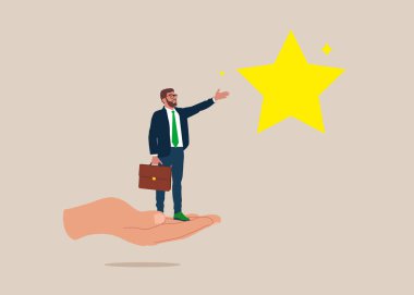 Helping hand lift up businessman employee to overcome obstacle reaching the star in the sky. Career development support,  to help reach business goal to achieve target.