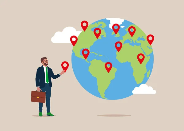 Businessman Put New Branch Pin World Map Globe Global Business — Vetor de Stock