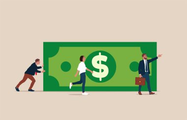 Business team pulling large dollar bill. Business financial concept. Flat cartoon vector illustration