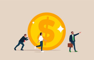 Business team pulling large coin. Business financial concept. Flat cartoon vector illustration