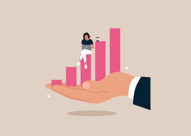 Businesswoman working with computer on growth graph in giant hand. Business support or improvement, growing career, investment growth, income.