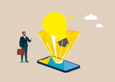 Bright light bulb from smartphone screen flat style. Modern gadget. Innovation, creativity or thinking about idea, solution to solve problem or brainstorm in phone.