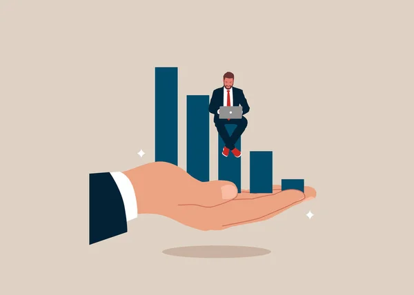 Businessman Working Computer Growth Graph Giant Hand Business Support Improvement — Vetor de Stock