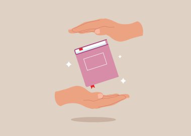 Woman hands holding magic book. Fairy tale story. Girl reading literature. Read books lover. Education, literacy day concept. Book swap, bookstore, library vector illustration
