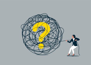 Karışık ipleri soru işaretiyle çekerek. İş vektörü illüstrasyon kavramı.