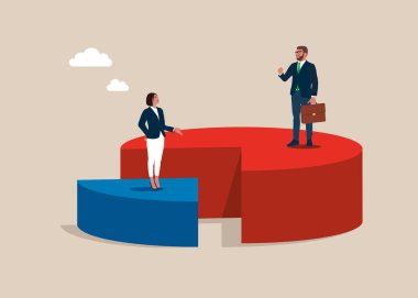 Businessman and businesswoman in suits with briefcase standing on pie chart. Economic financial share profit. Market share business. Competing. Vector illustration flat design. 