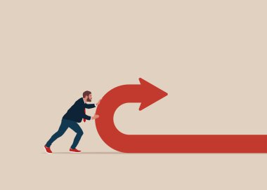 Businessman pushes back arrow symbol. Direction concept. Vector illustration.