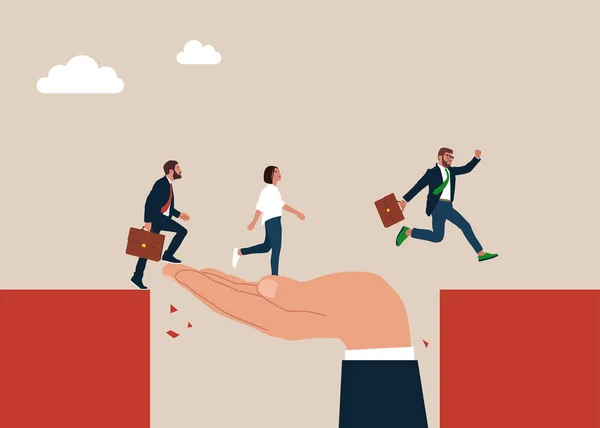 Giant hand help business people cross the problem gap. Support of help to solve problem, manager mentorship to help team success, leadership and achieve goal.
