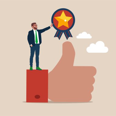 Sad businessman sits next to big hand dislike. Vector illustration flat design. Unhappy human. Stress and failure. The businessman crisis. Bad mood concept. 