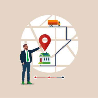 Businessman set pick up location in Mobile delivery app, online order and delivery process. Mobile delivery concept