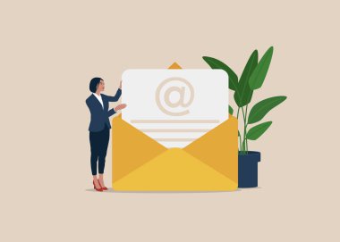 Beautiful girl opening advertising mail or promotional offer with sales and discounts. E-mail marketing, communication and promotion.