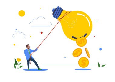 Dollar money coins falling from businessman hand shaking the lamp or lightbulb idea Idea to make money, profit from creativity.