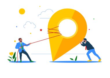 Company founder building office pin making business contact address. Company establishment, entrepreneurship, create corporate pin in search engine map.