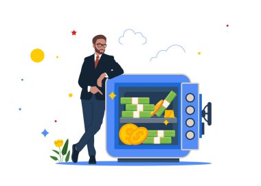 Happy businessman character stand near safety safe deposit box. Vector flat cartoon illustration