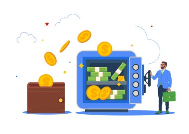 Money savings and secure bank deposit. Sending money from wallet to the safe.