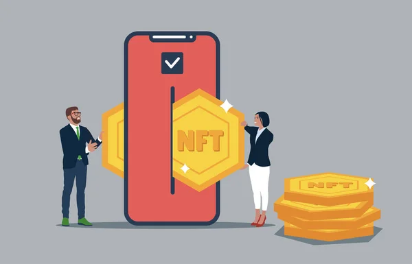 Net Banking Concept People Using Mobile Banking App Online Nft — Stok Vektör