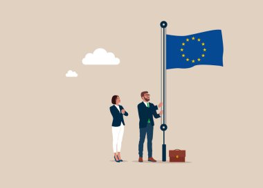 Businessman and woman in suit, male raising waving flag of European Union. Vector illustration.