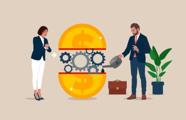 Businessman and secretary put lubricant oil on machine gear of opening money dollar coin. Financial or money liquidity to help economic stimulus, central bank monetary policy.