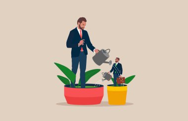 Managers use watering cans to help employees grow. Support from a manager or colleague. Cooperation of people in the organization. Growth in career advancement. 