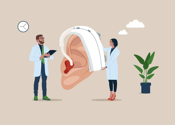Hearing Device Conept Women Man Check Big Ear Modern Methods — Stok Vektör