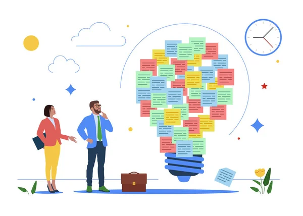 Businessman Woman Discover Solution Business People Brainstorm Sticky Notes Ideation — Stok Vektör