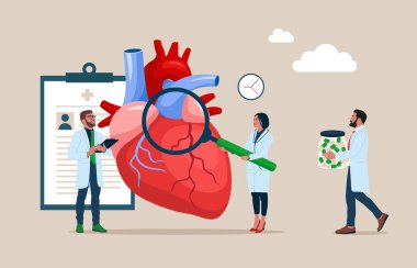 Cardiologist studying big heart model among drugs and heartbeat diagram. Vector illustration for cardiovascular system, cardiology, medical examination topics. Heart disease research. 