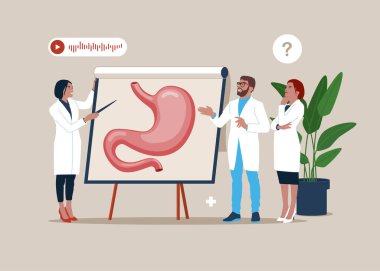 Doctor pointing on demonstration board with human Stomach explain its opportunities. Medical conference. Design element for gastroenterology, medicine, biology.