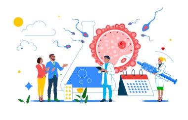 Happy couple consulting fertility doctor, taking medical treatment. Fertilization in clinic. Pregnancy, infertility concept. Vector illustration