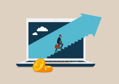 İş adamı, başarı yolunda ilerler, iş başarısı. Vektör illüstrasyonu.