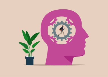  İş adamı kafasının içinde koşuyor. Vektör illüstrasyonu.