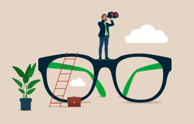 Businessman climb up big eyeglasses see vision on binoculars. Clear business vision, discover way to success or looking for business opportunity. Vector illustration.